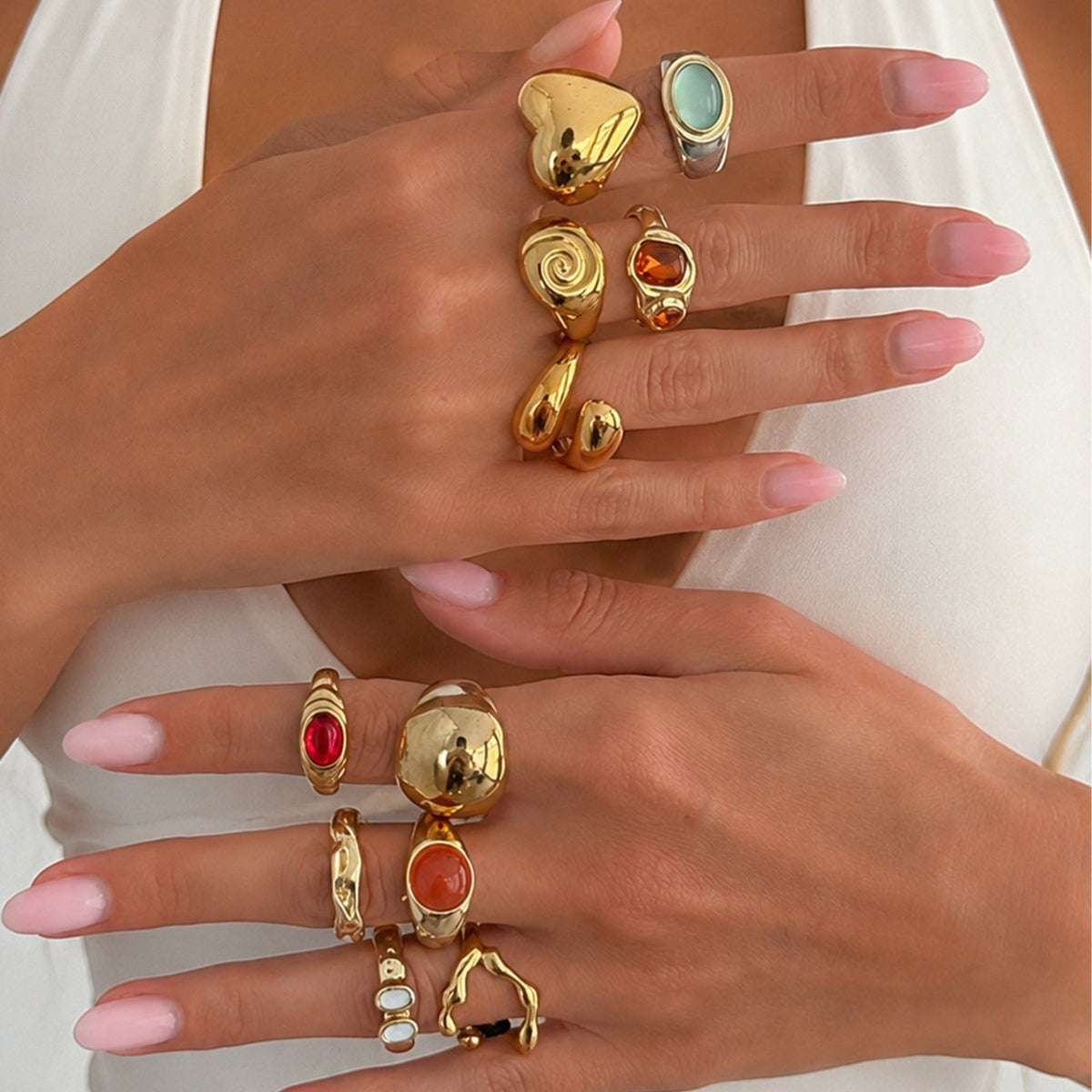 Vintage Chunky Heart & Gemstone Ring Set