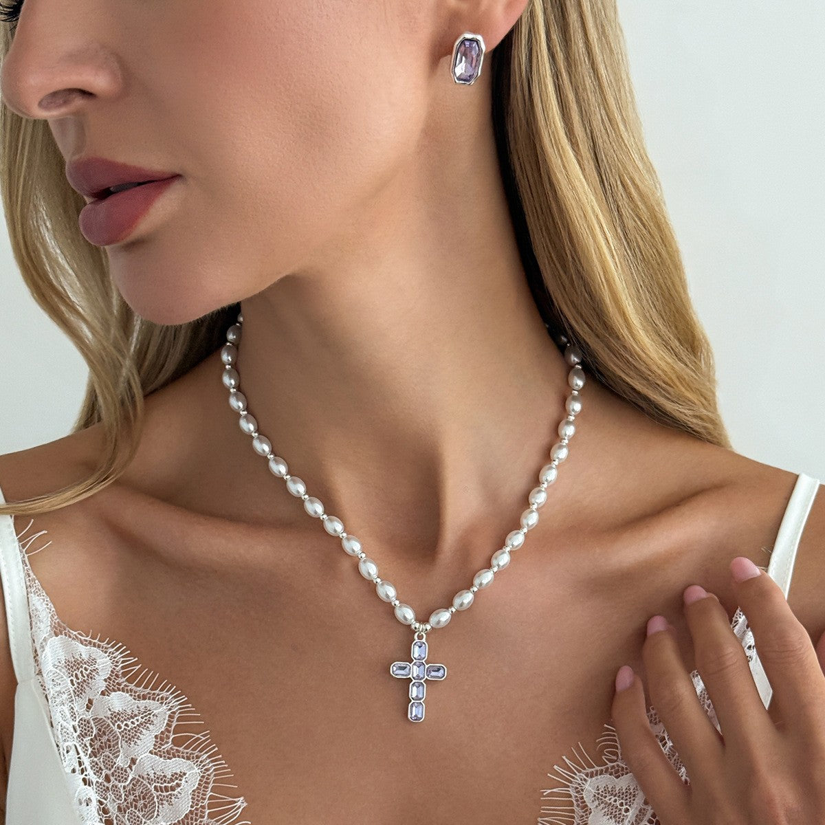 Dainty Faux Pearl Blue Crystal Cross Necklace