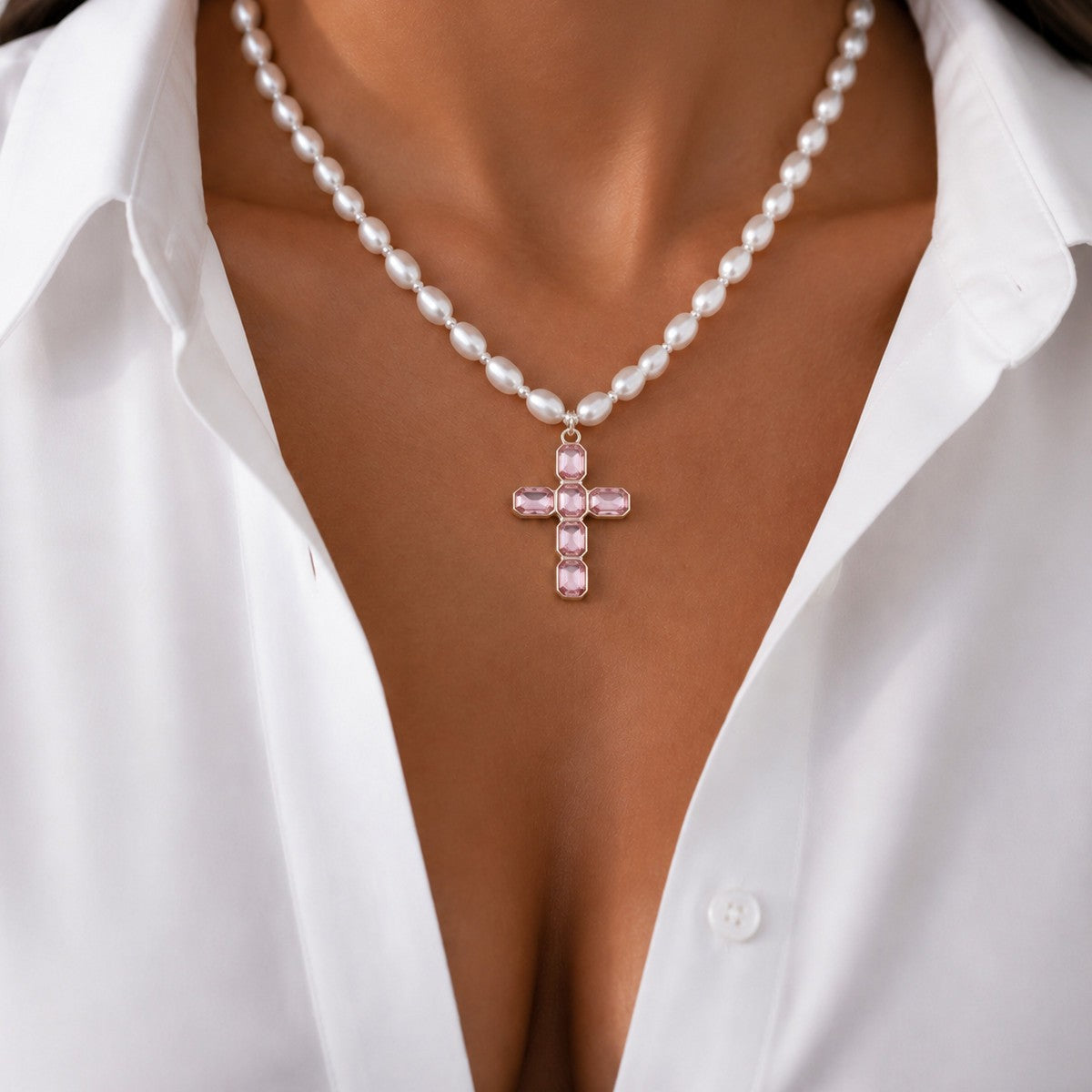 Dainty Faux Pearl Blue Crystal Cross Necklace
