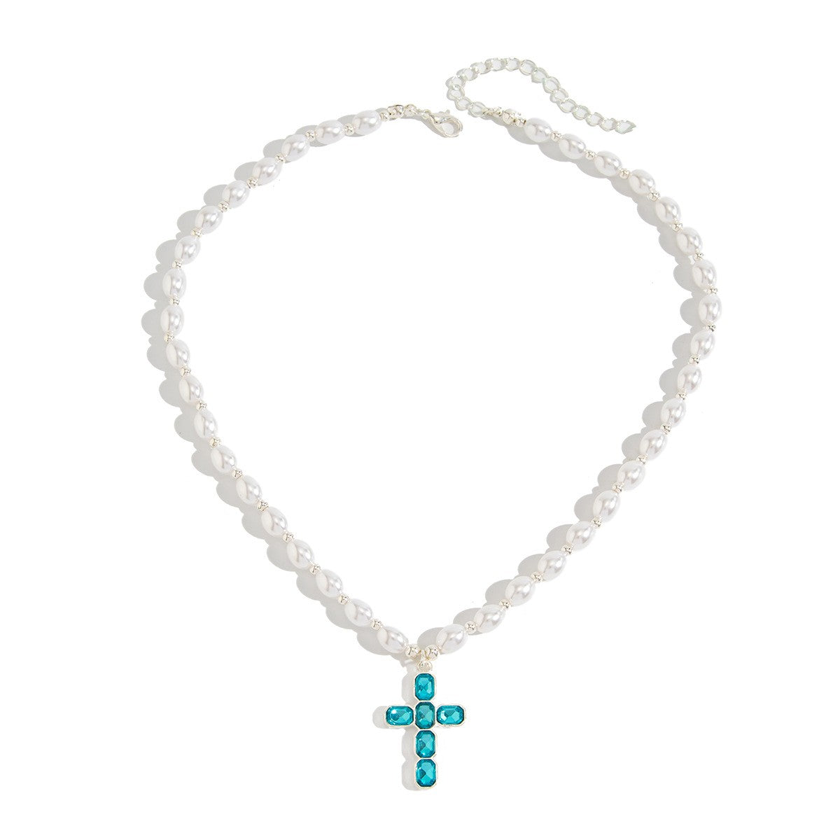 Dainty Faux Pearl Blue Crystal Cross Necklace