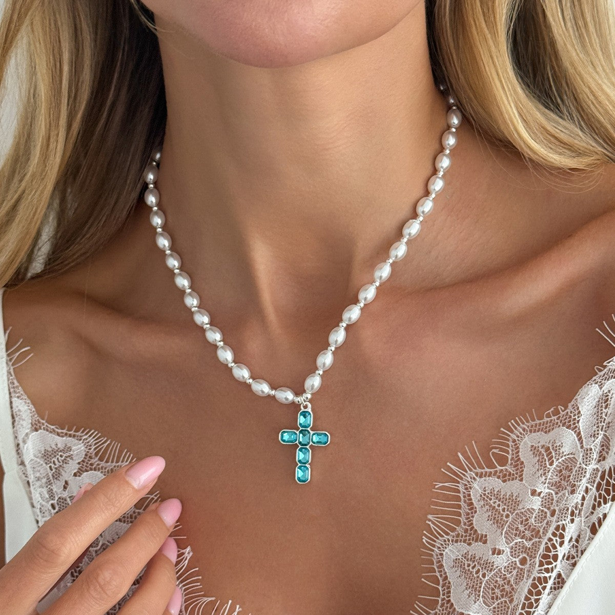 Dainty Faux Pearl Blue Crystal Cross Necklace