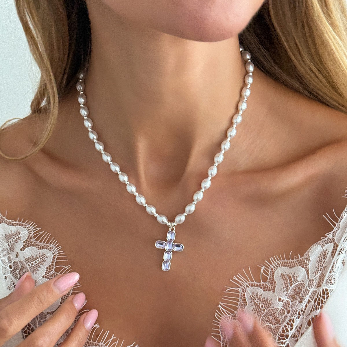 Dainty Faux Pearl Blue Crystal Cross Necklace