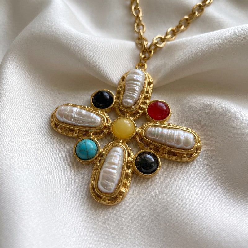 Classy Vintage Baroque Pearl Cross Necklace