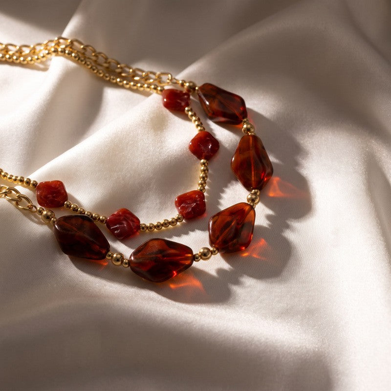 Classy Red Geometric Resin Necklace & Earring Set