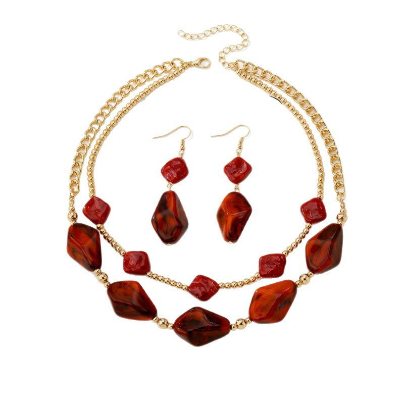 Classy Red Geometric Resin Necklace & Earring Set