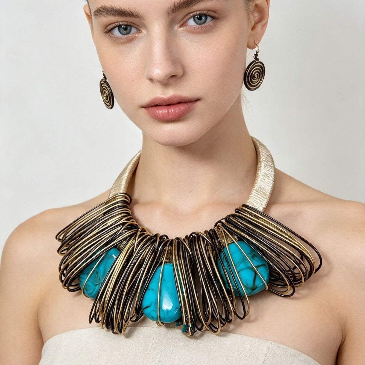 Boho Woven Wire Turquoise Collar Necklace & Earring Set