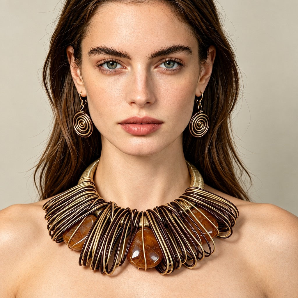 Boho Woven Wire Turquoise Collar Necklace & Earring Set