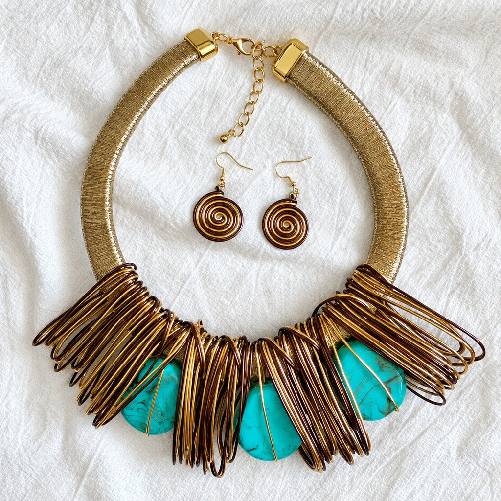 Boho Woven Wire Turquoise Collar Necklace & Earring Set