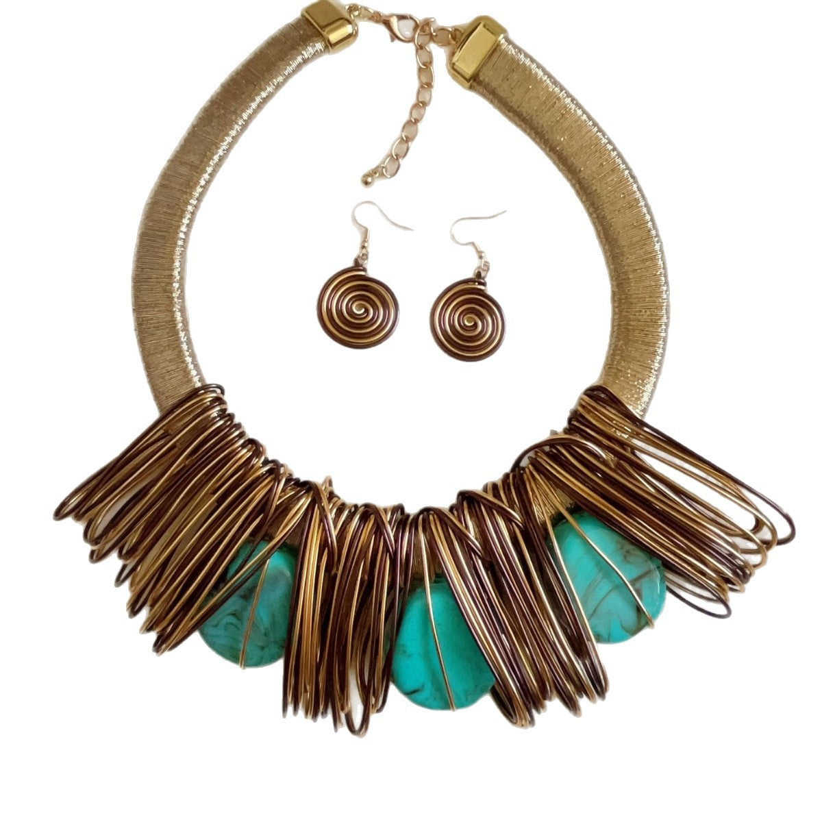 Boho Woven Wire Turquoise Collar Necklace & Earring Set