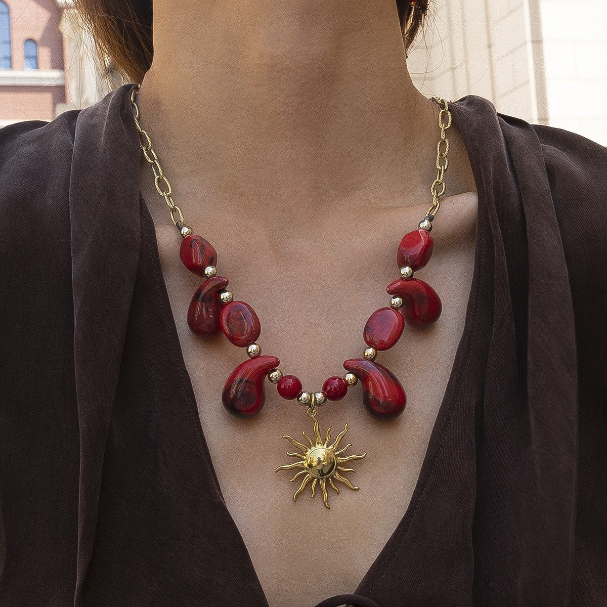 Boho Red Acrylic Sun Necklace