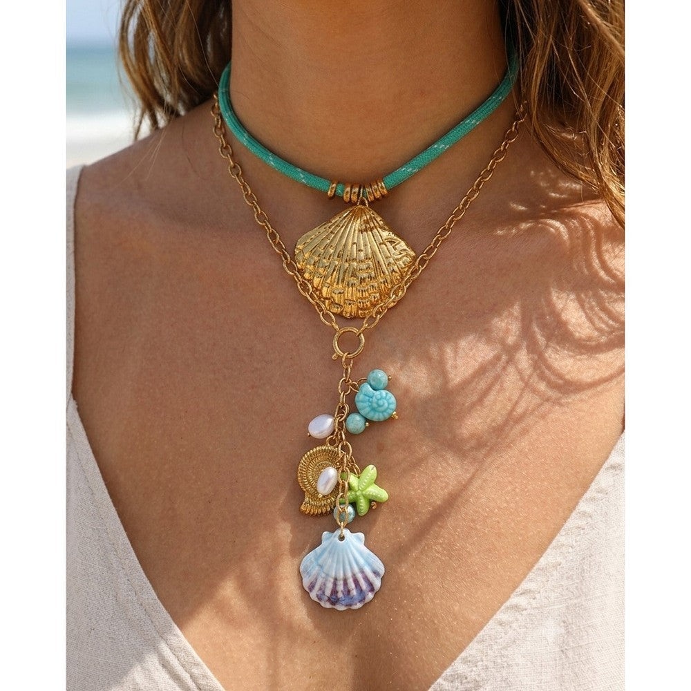 Boho Turquoise Cord Shell Charm Necklace