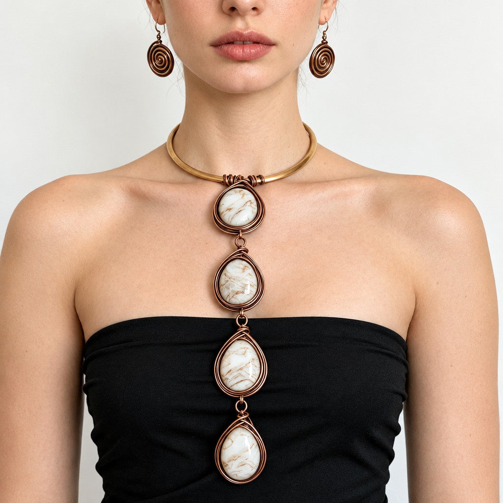 Boho Wire Wrapped Agate Necklace & Earring Set