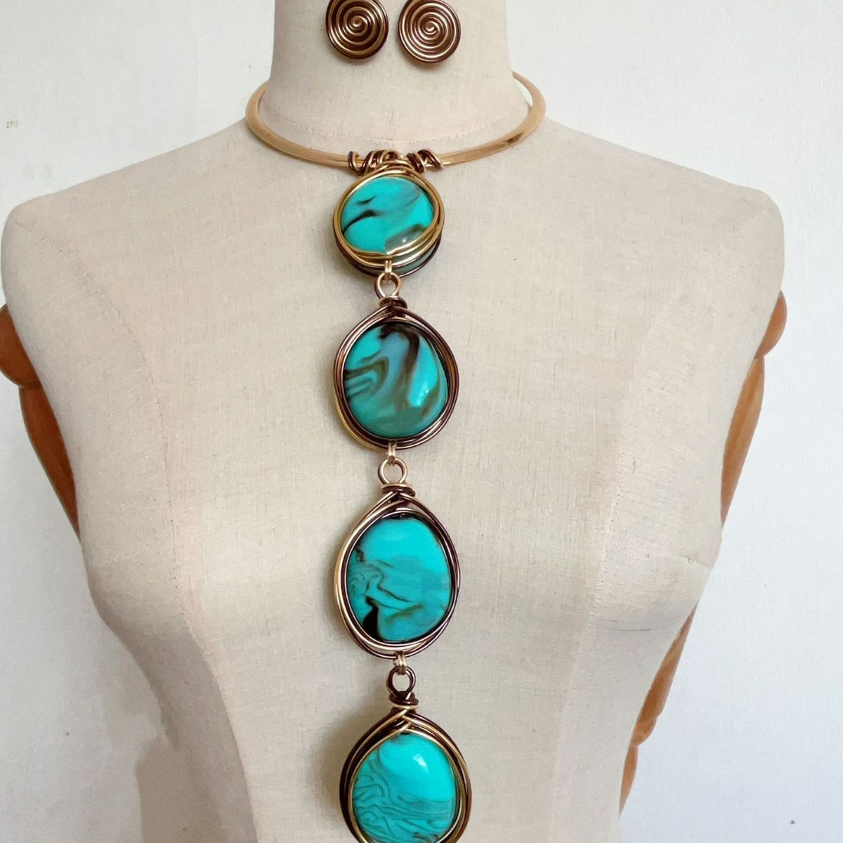 Boho Wire Wrapped Agate Necklace & Earring Set