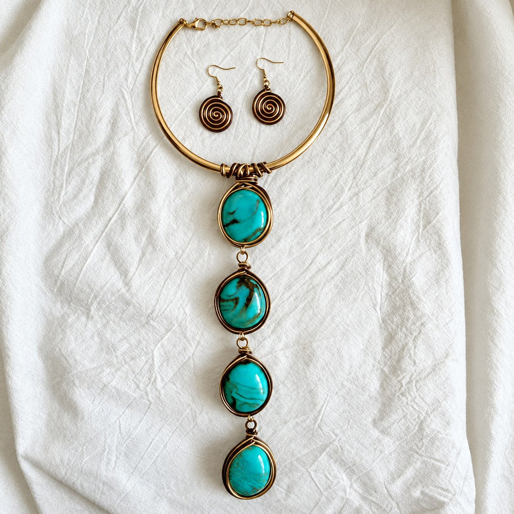 Boho Wire Wrapped Agate Necklace & Earring Set