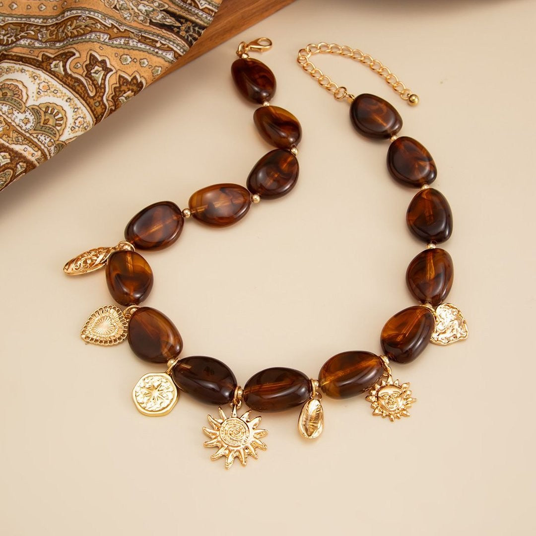 Vintage Amber Resin Sun Charm Necklace