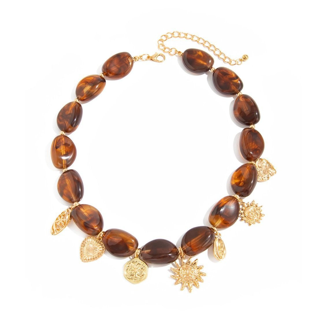 Vintage Amber Resin Sun Charm Necklace