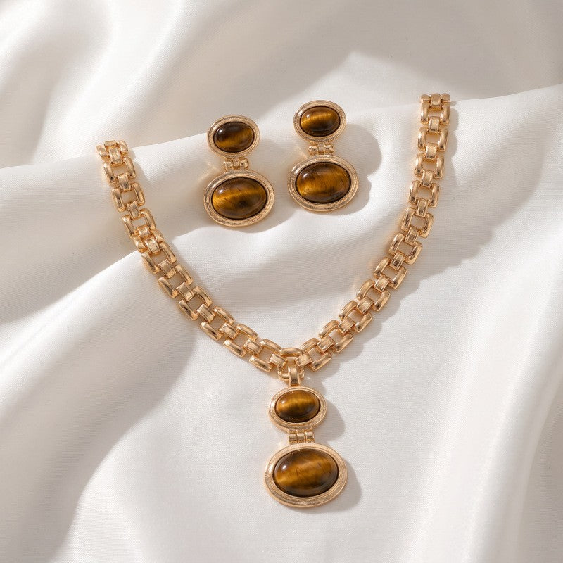 Classy Tiger Eye Cuban Chain Necklace & Earring Set