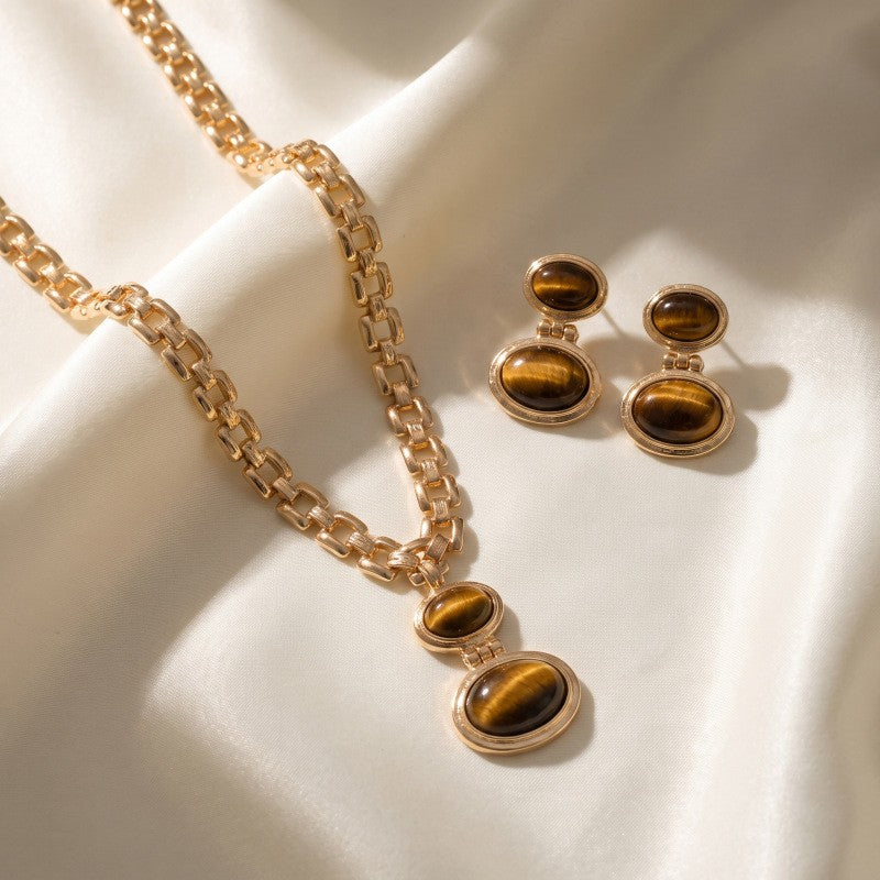 Classy Tiger Eye Cuban Chain Necklace & Earring Set