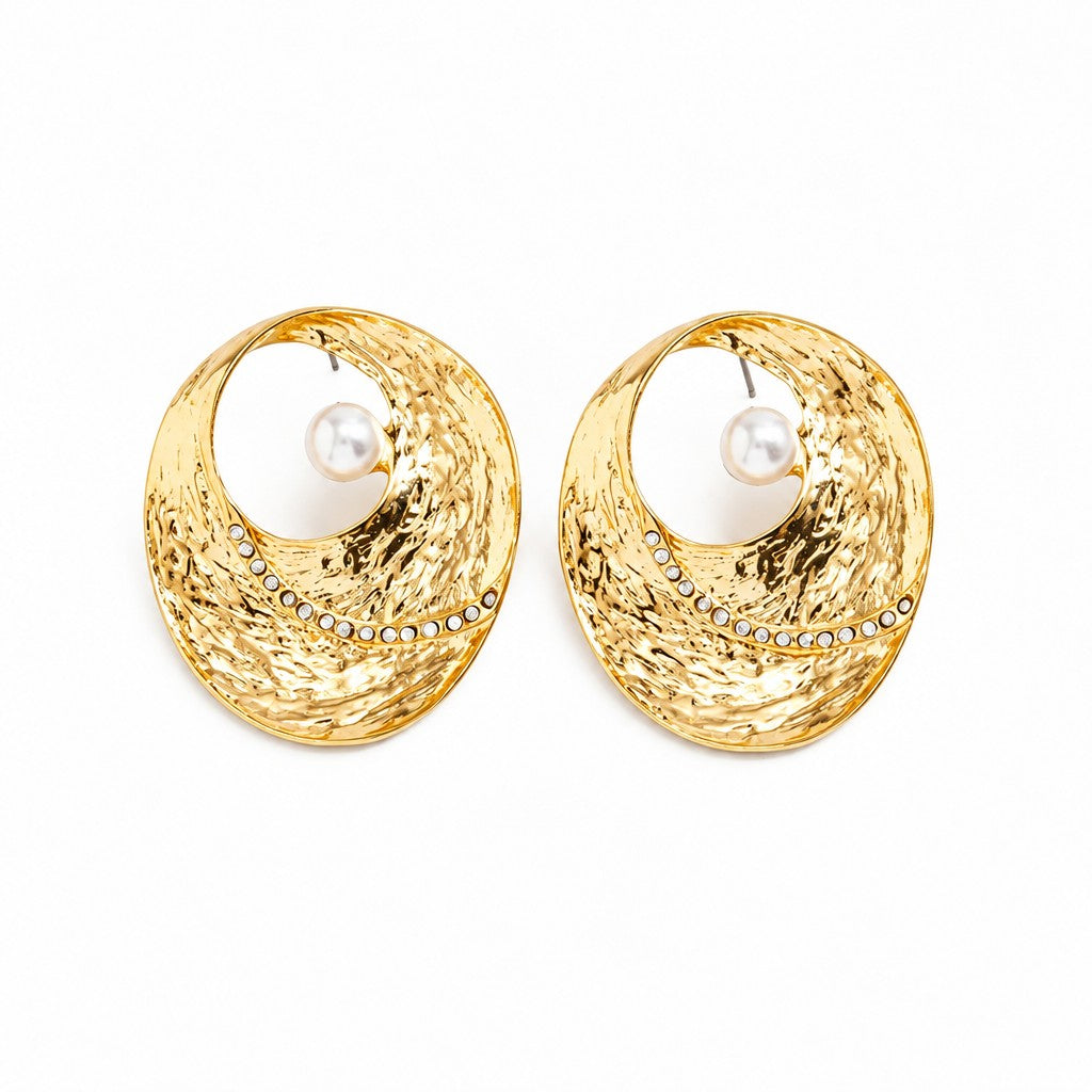 Classy Hammered Oval Faux Pearl Earrings