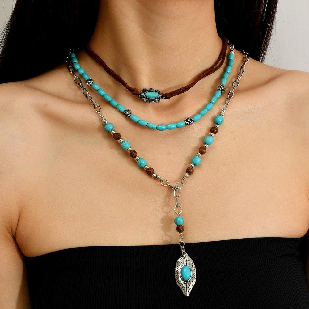 3pc Boho Turquoise Feather Layered Necklace Set