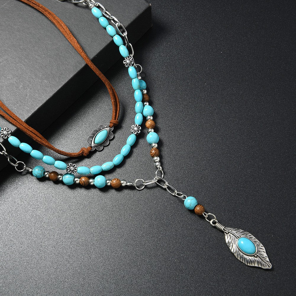 3pc Boho Turquoise Feather Layered Necklace Set