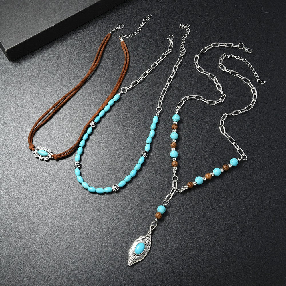 3pc Boho Turquoise Feather Layered Necklace Set