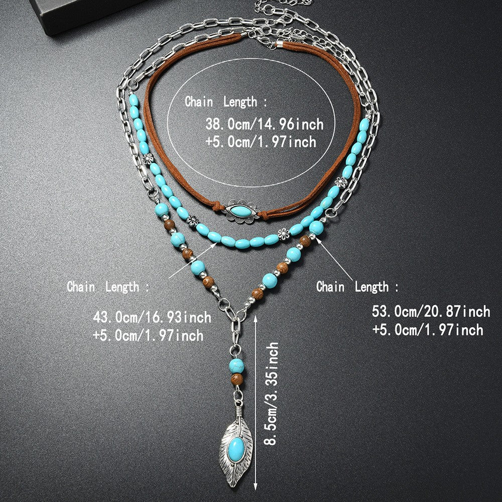 3pc Boho Turquoise Feather Layered Necklace Set