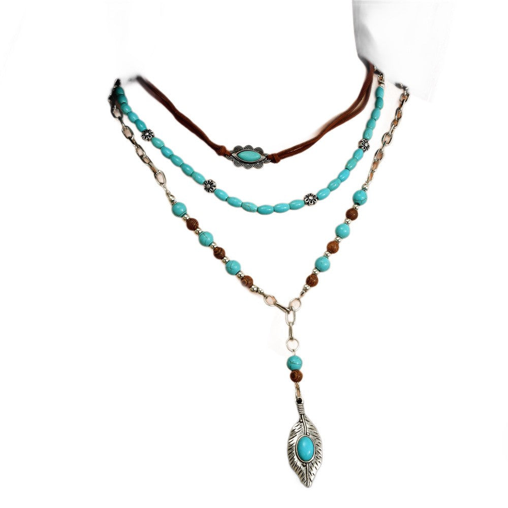 3pc Boho Turquoise Feather Layered Necklace Set