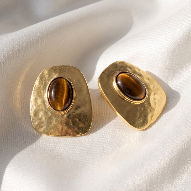 Classy Hammered Tiger Eye Square Stud Earrings
