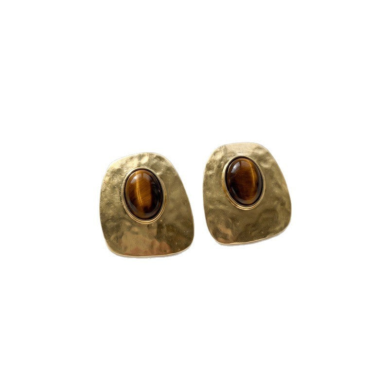 Classy Hammered Tiger Eye Square Stud Earrings