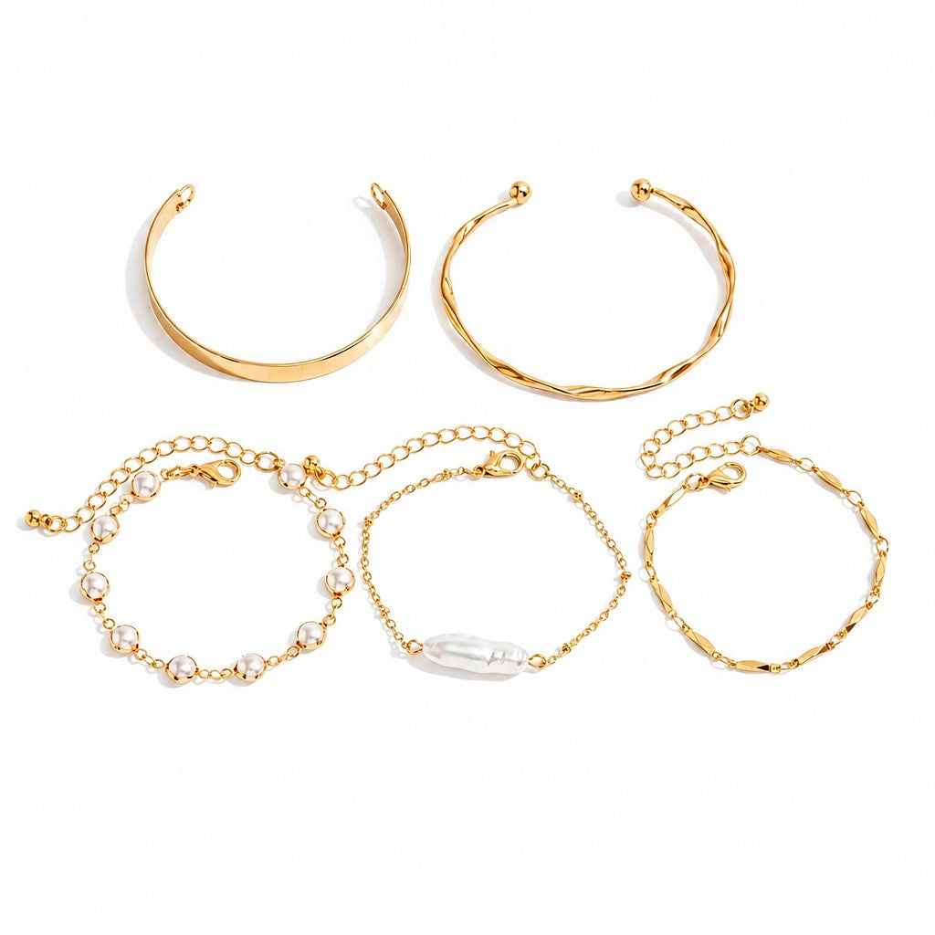 Classy Faux Pearl and Geometric Bangle Bracelet Set