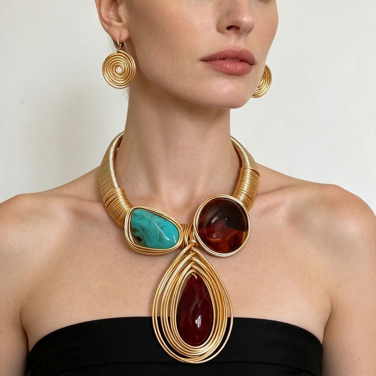 Boho Woven Resin Collar Necklace & Earring Set