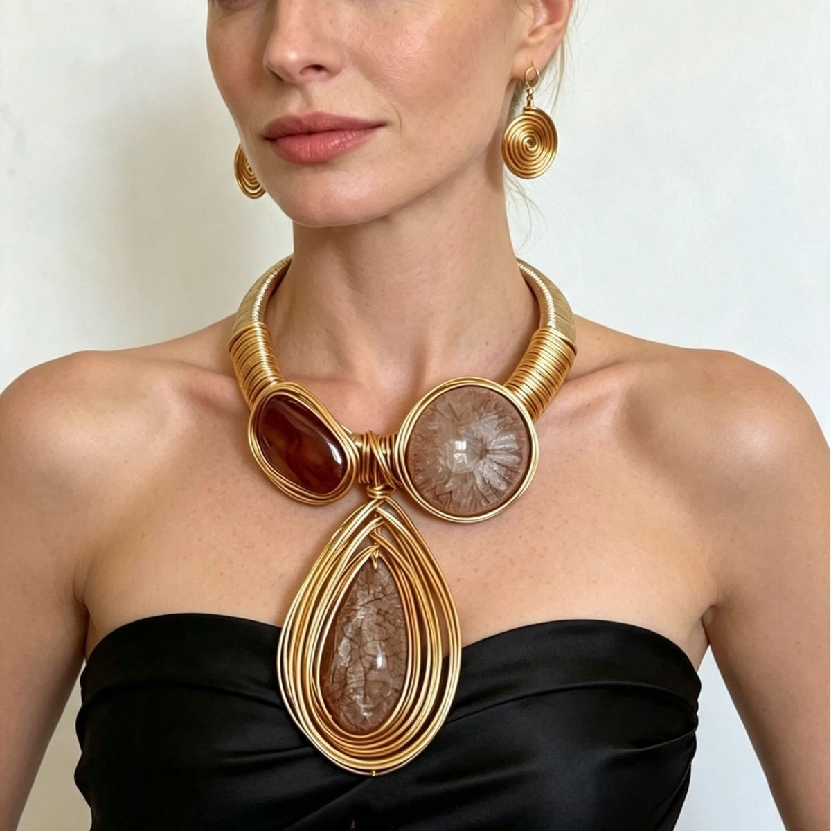 Boho Woven Resin Collar Necklace & Earring Set