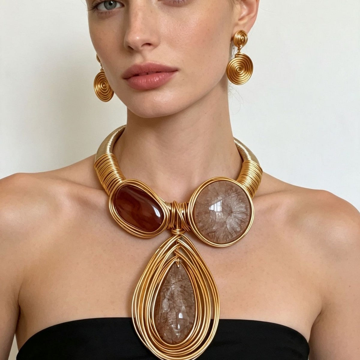 Boho Woven Resin Collar Necklace & Earring Set
