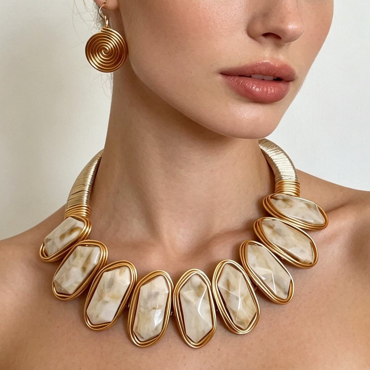 Statement Green Geometric Collar Necklace & Earring Set