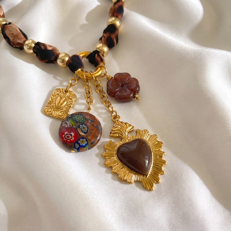 Boho Leopard Print Fabric Charm Necklace