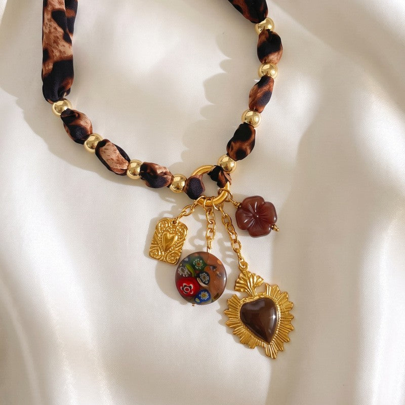 Boho Leopard Print Fabric Charm Necklace