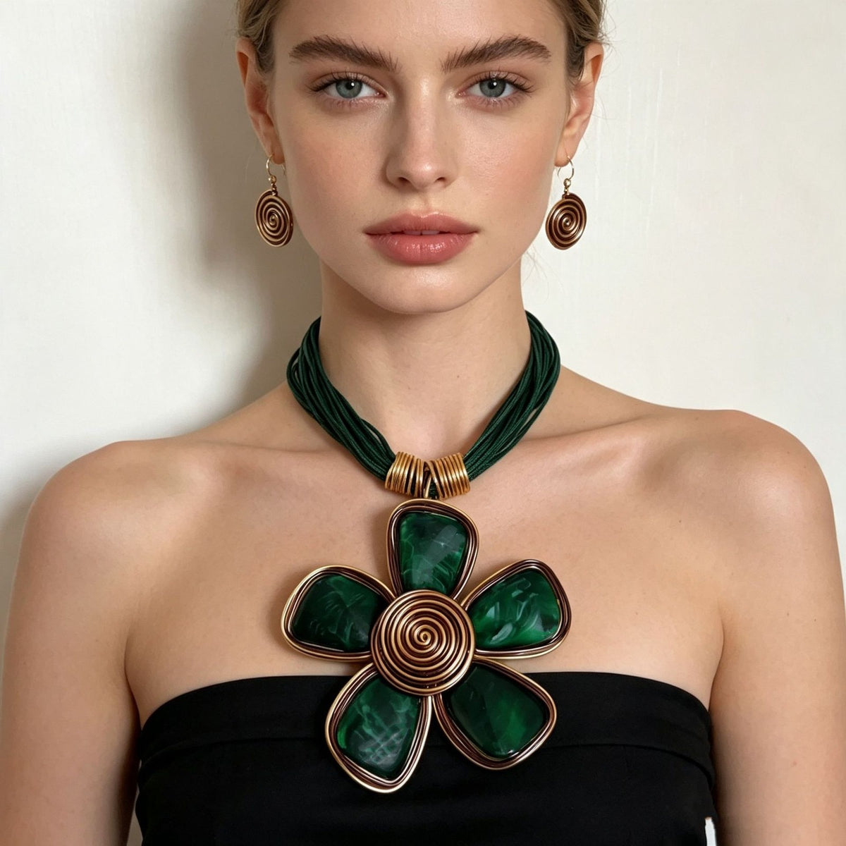 Vintage Woven Shell Flower Necklace & Earring Set