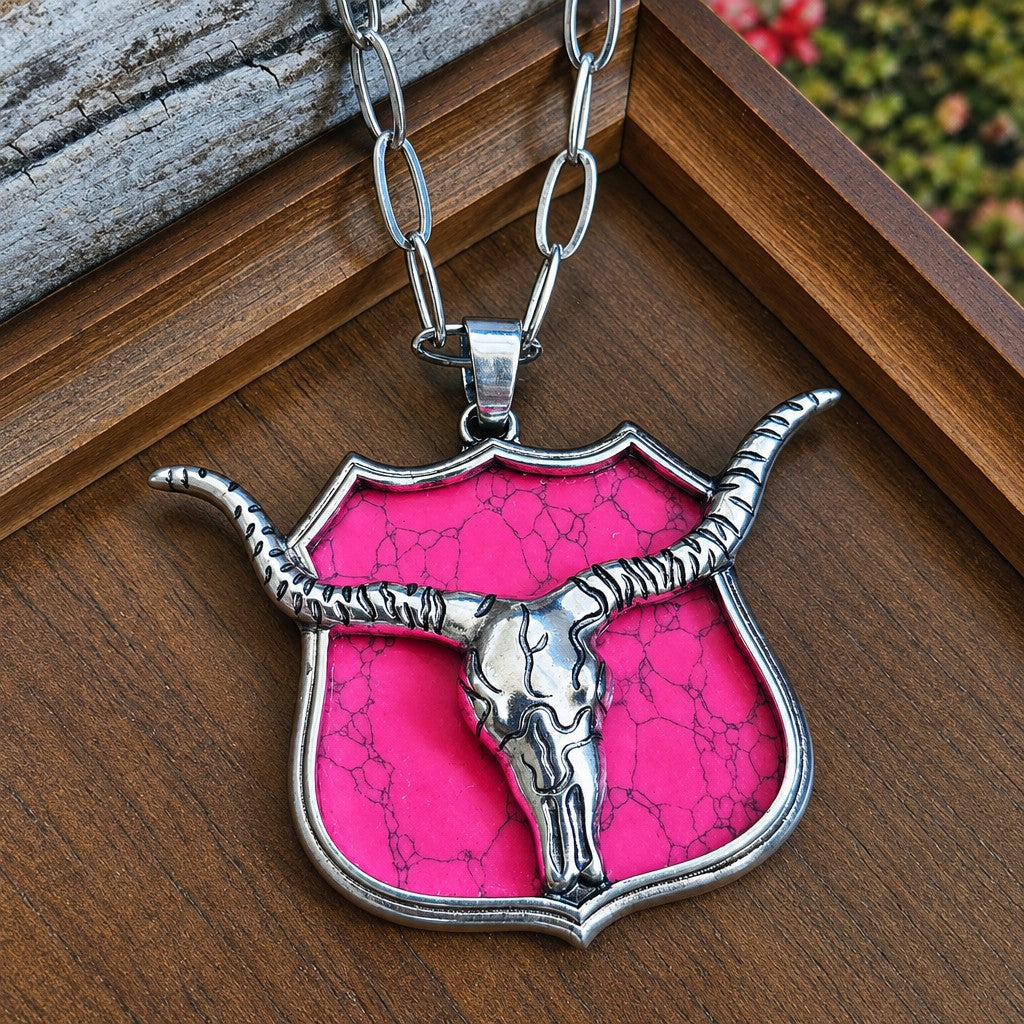 Boho Pink Bull Skull Shield Necklace