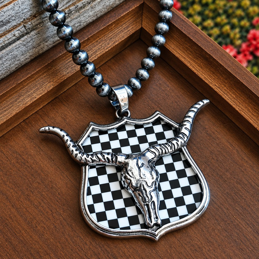 Boho Pink Bull Skull Shield Necklace