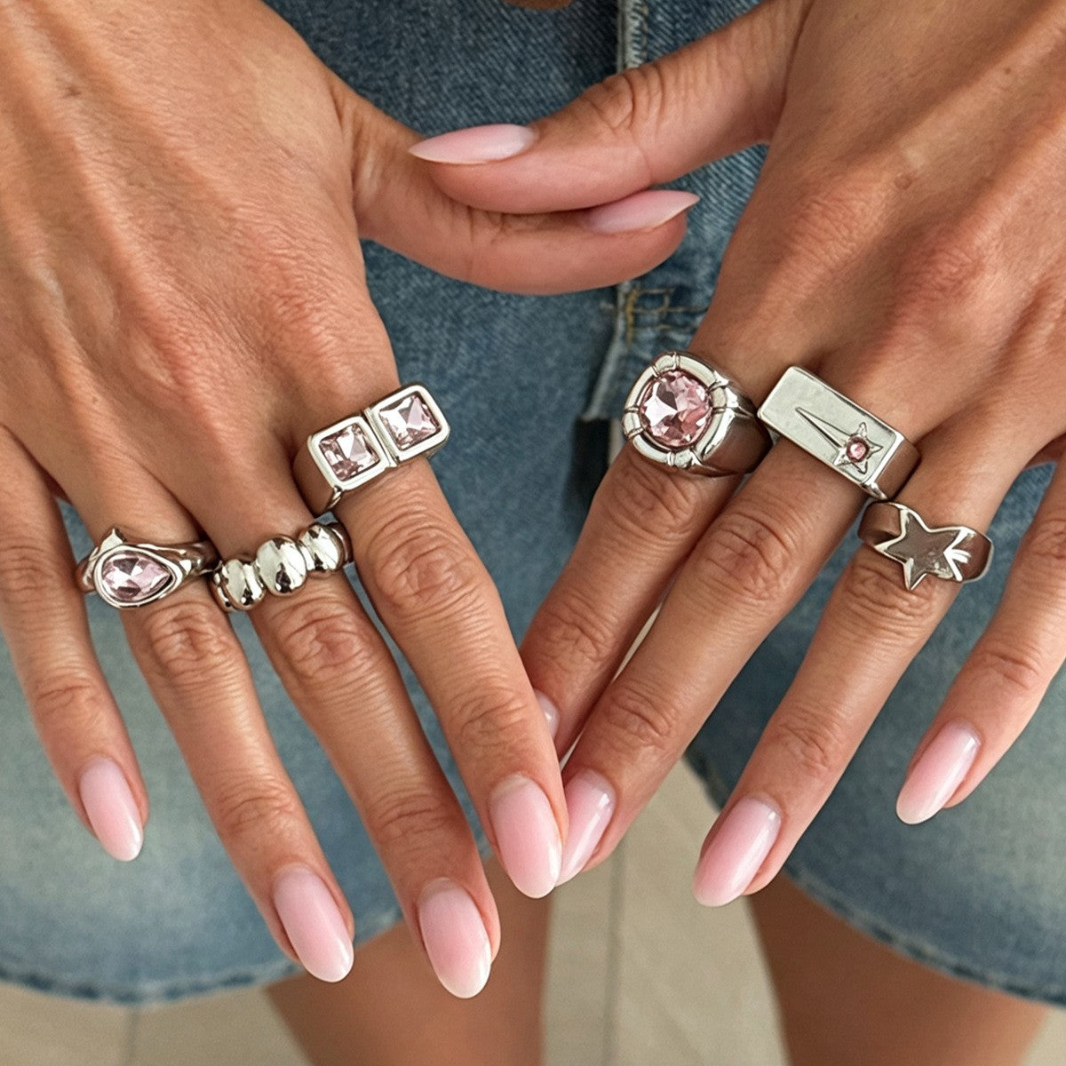 6pc Classy Pink Gemstone Geometric Ring Set