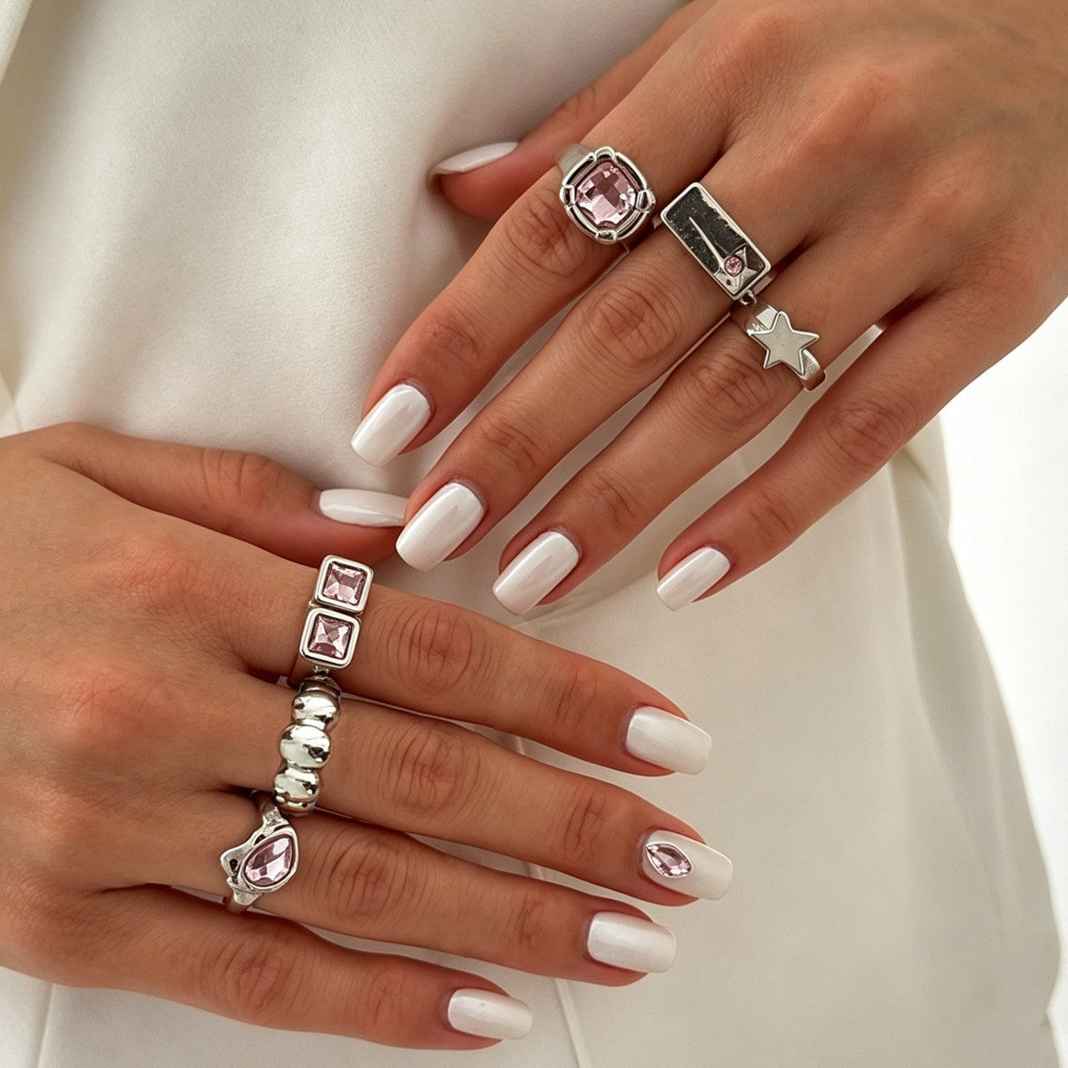 6pc Classy Pink Gemstone Geometric Ring Set