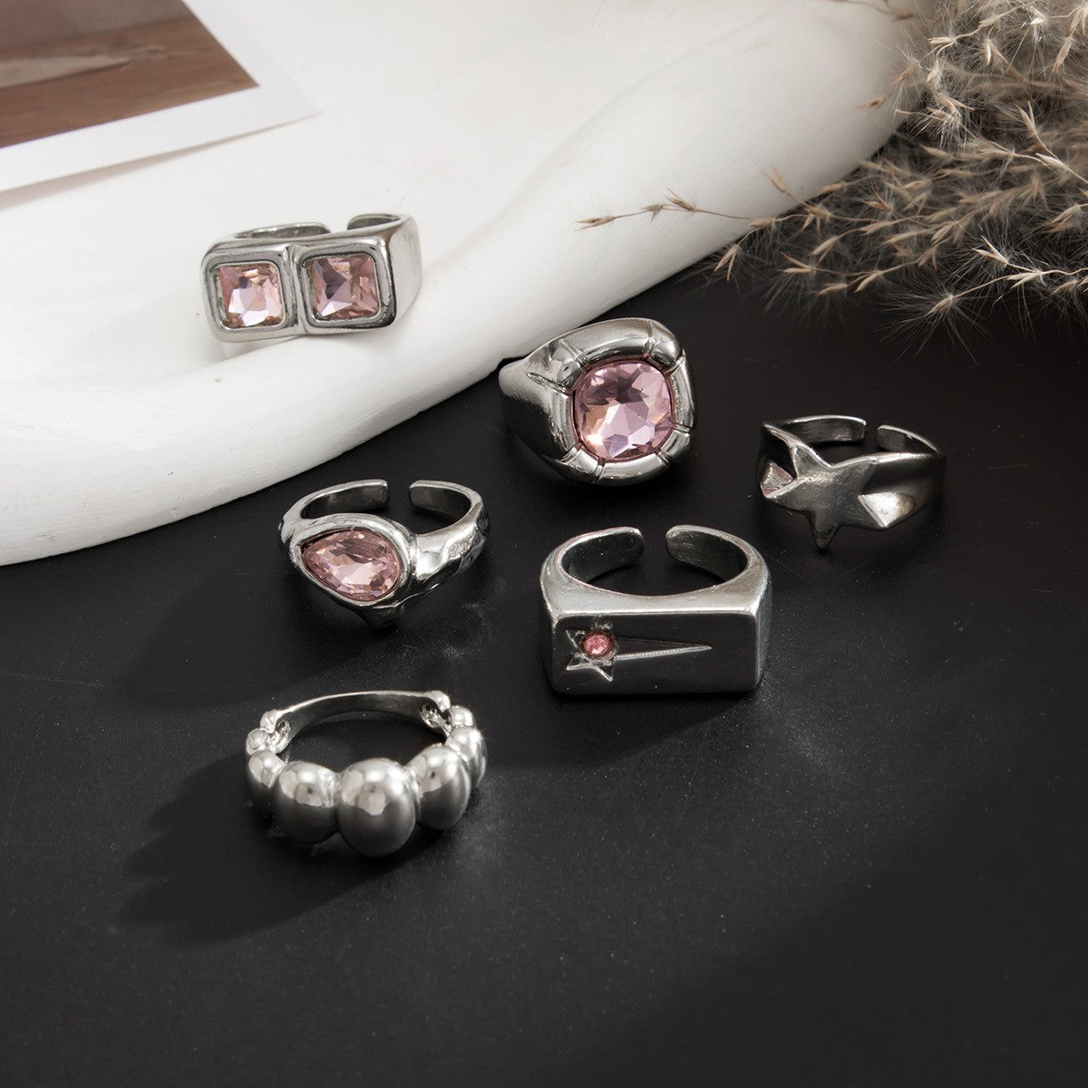 6pc Classy Pink Gemstone Geometric Ring Set