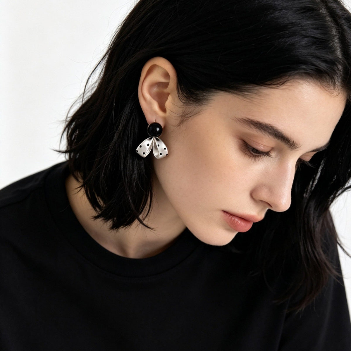 Classy Black Bead Polka Dot Bow Earrings