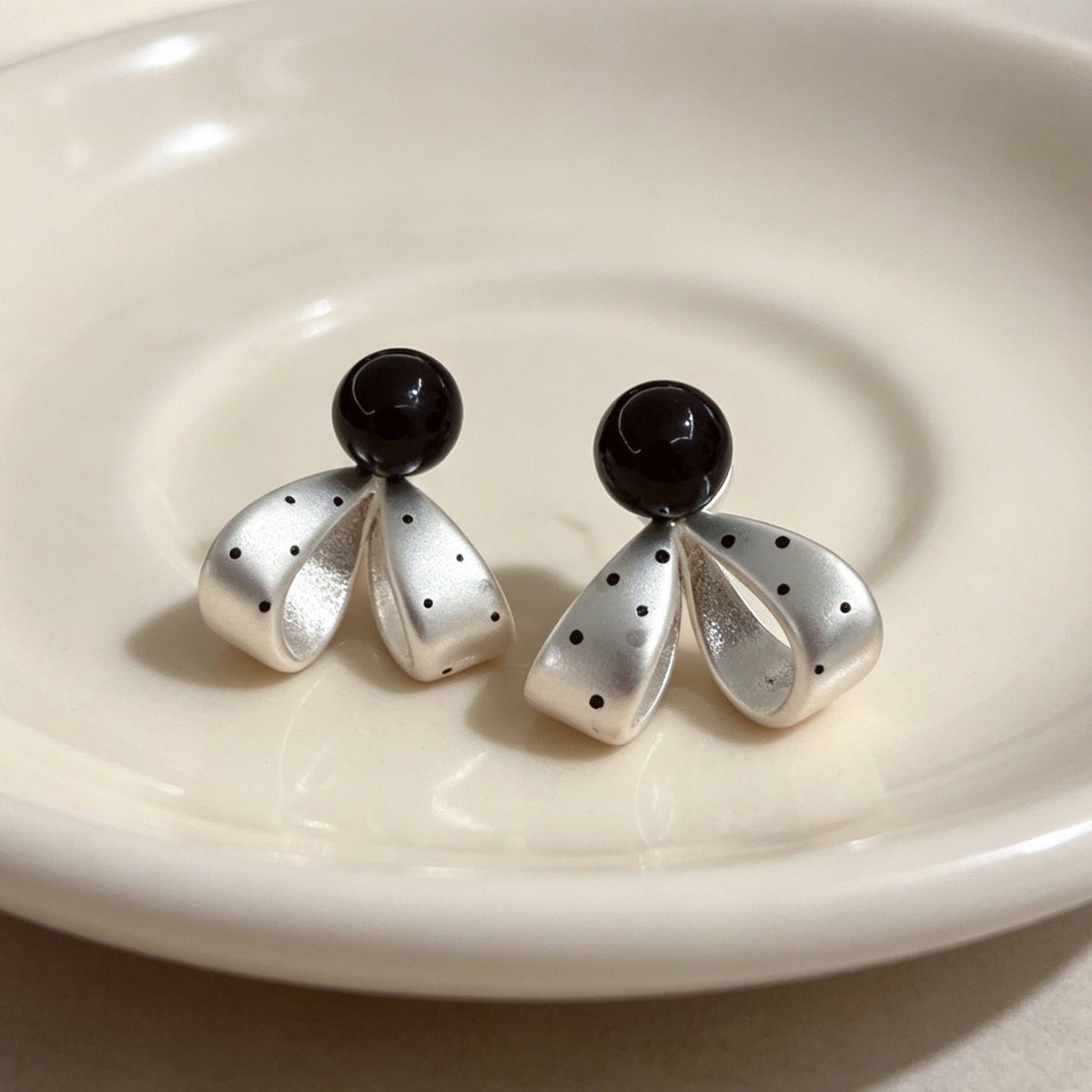Classy Black Bead Polka Dot Bow Earrings