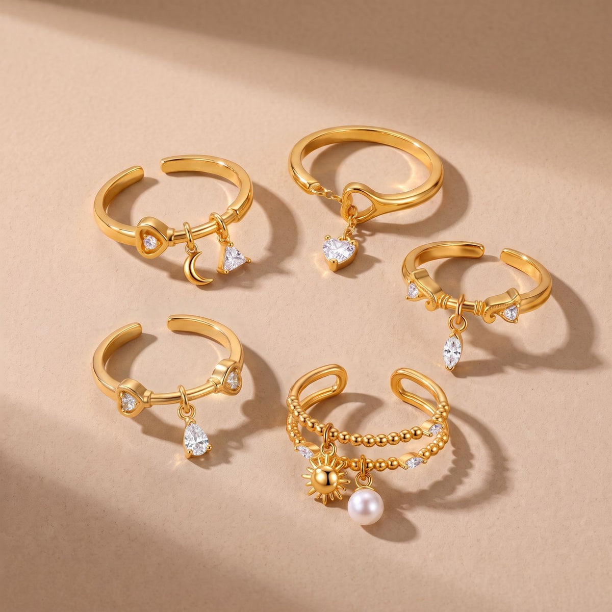 Dainty Celestial Heart & Moon Dangle Ring Set