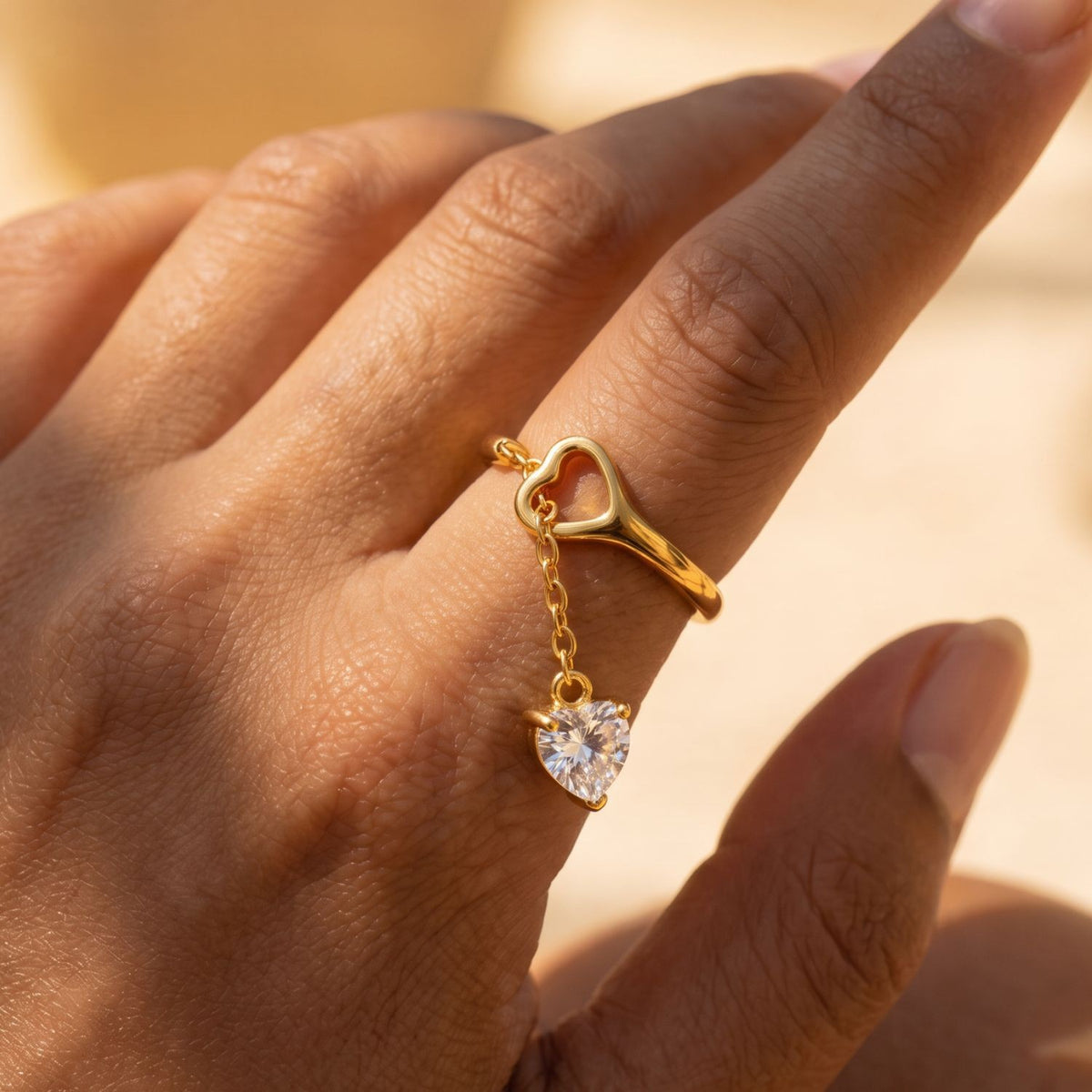 Dainty Celestial Heart & Moon Dangle Ring Set