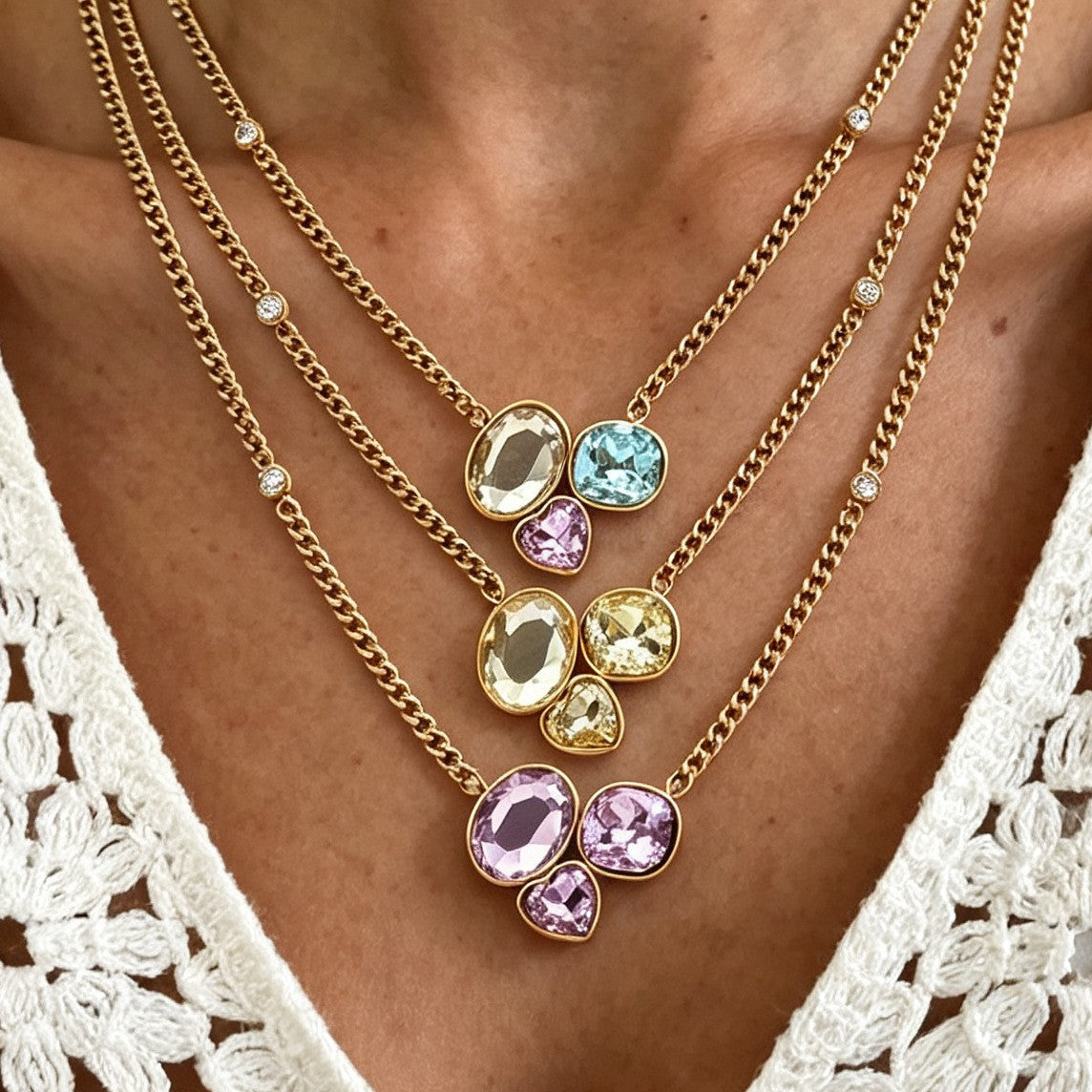 3pc Classy Multicolor Gemstone Layered Necklace Set