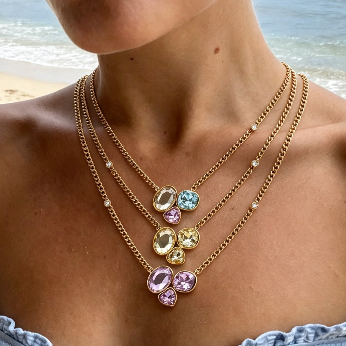 3pc Classy Multicolor Gemstone Layered Necklace Set