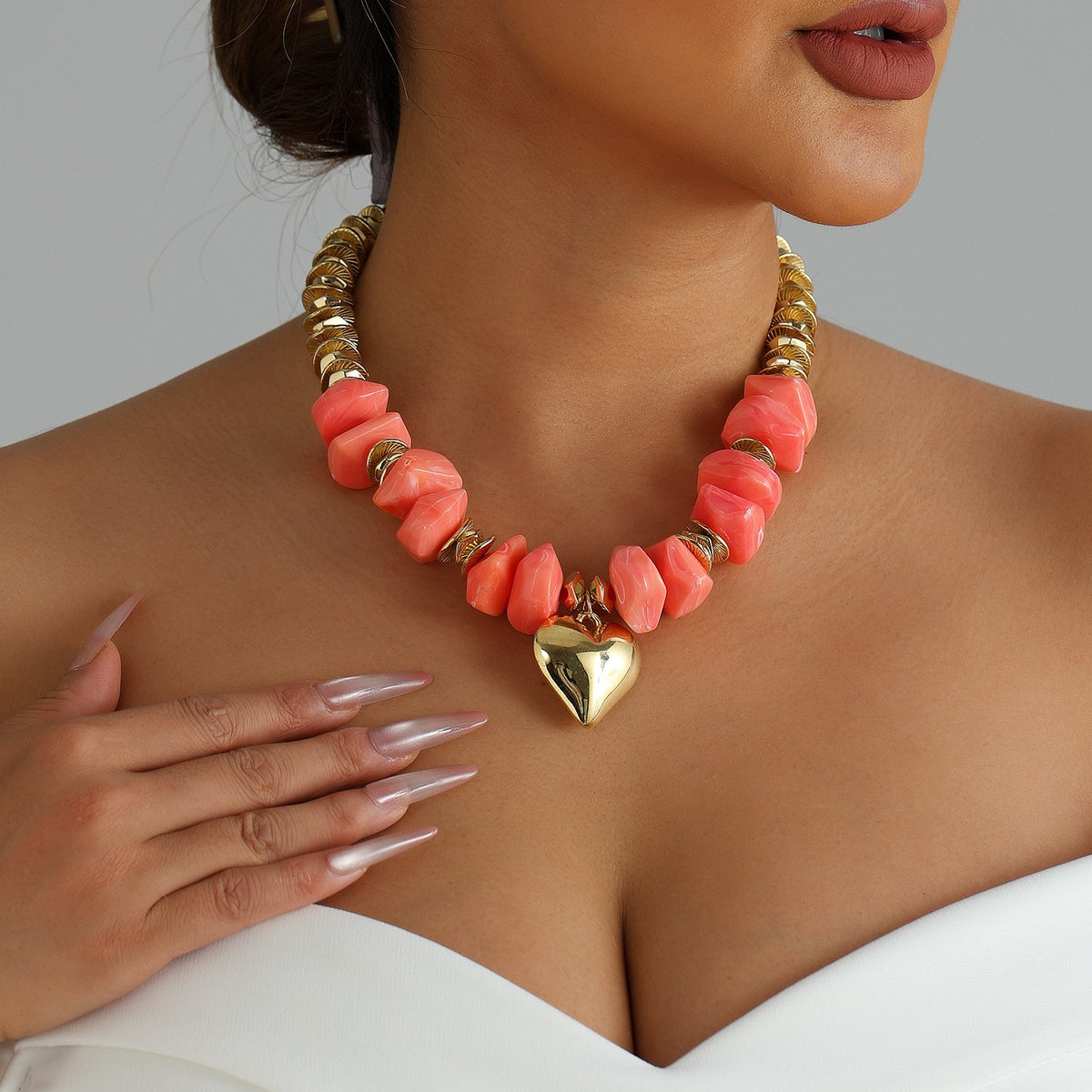 Classy Coral Resin Heart Necklace
